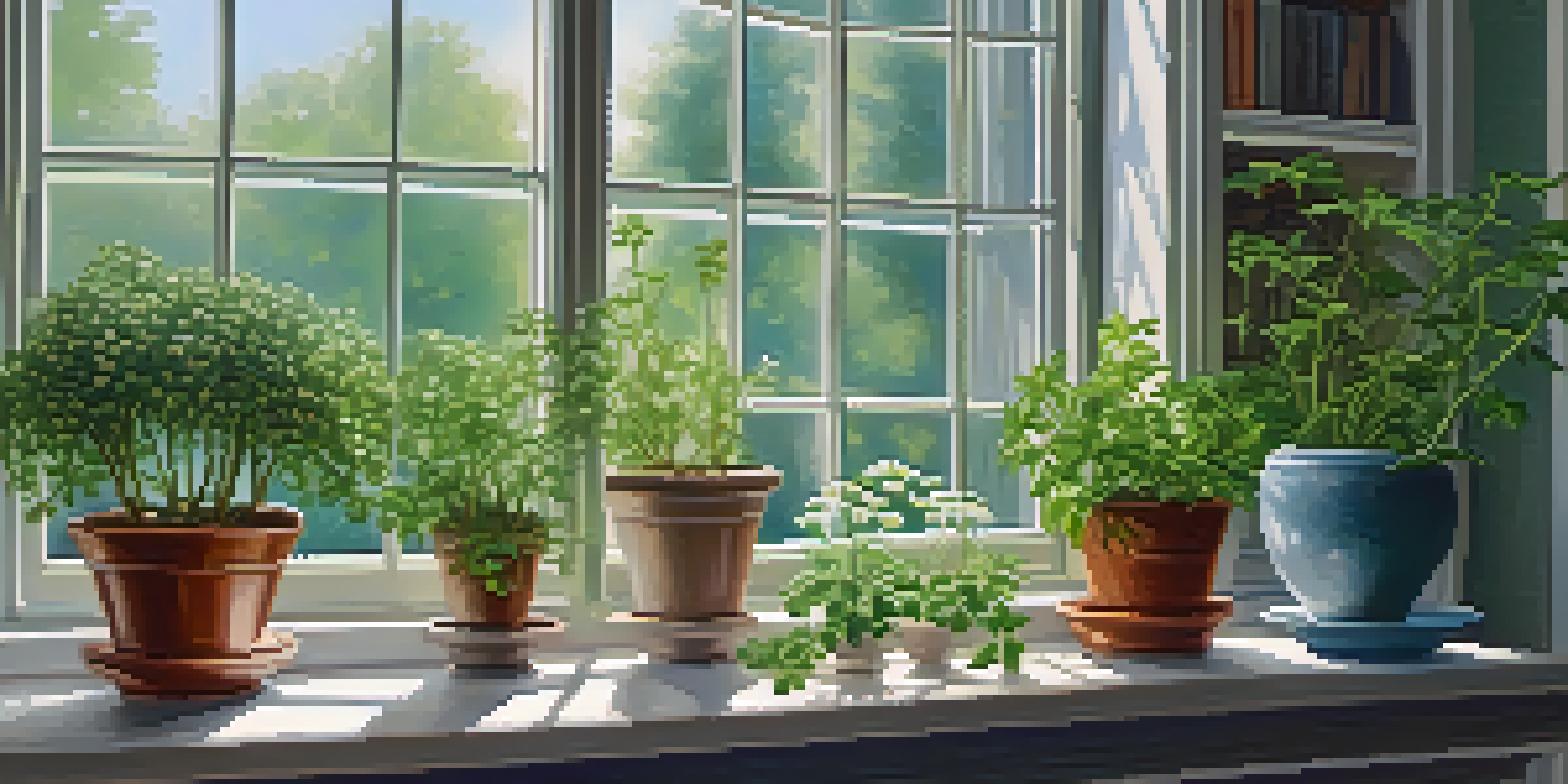 An indoor herb garden with chamomile and ashwagandha plants, illuminated by soft natural light, creating a tranquil setting.