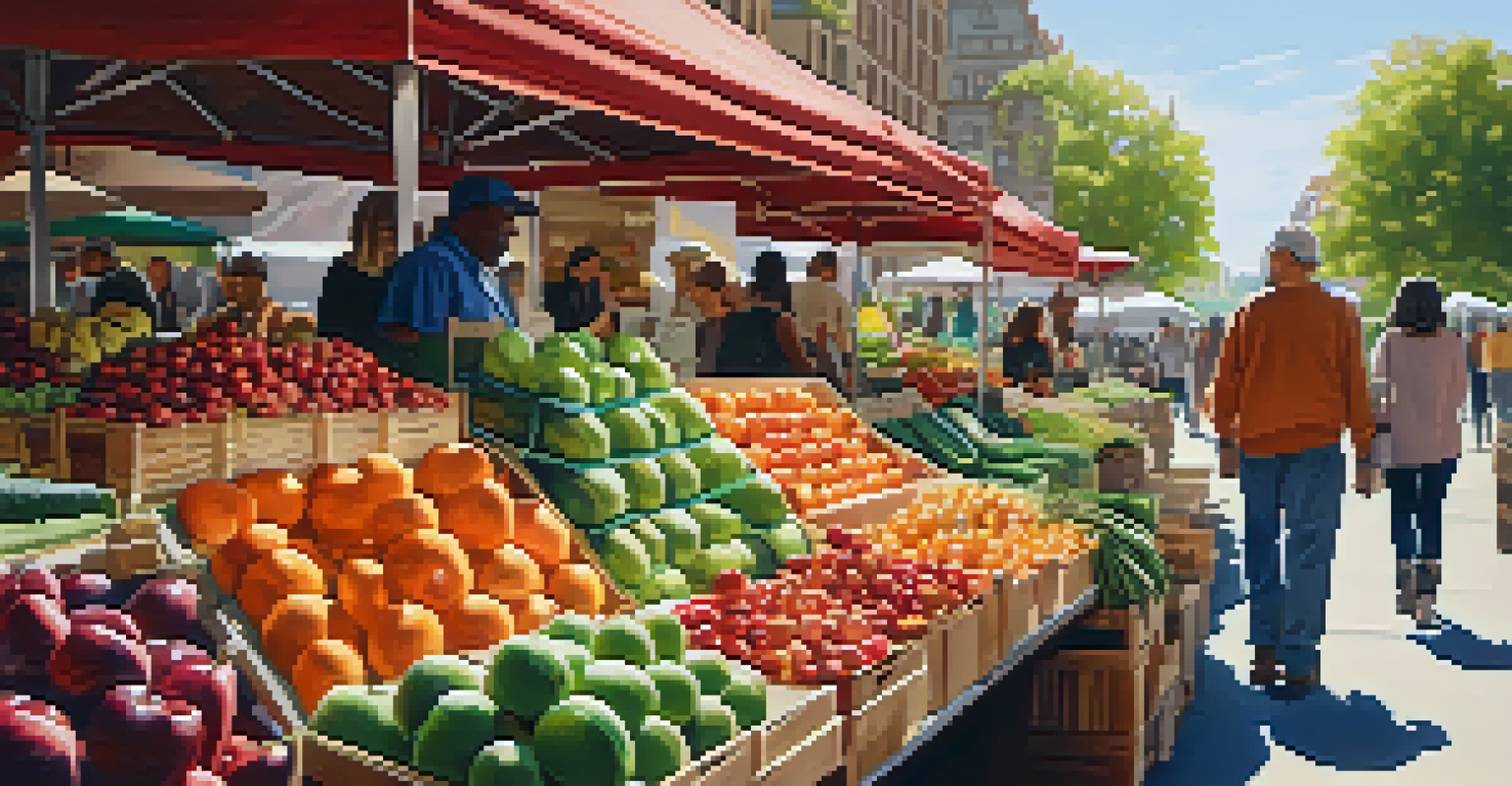 A lively farmer's market filled with colorful fruits and vegetables, with people engaging in a community atmosphere.