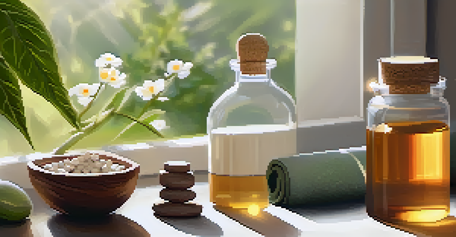 A peaceful wellness room showcasing yoga, herbal medicine, and homeopathy, illuminated by soft sunlight.