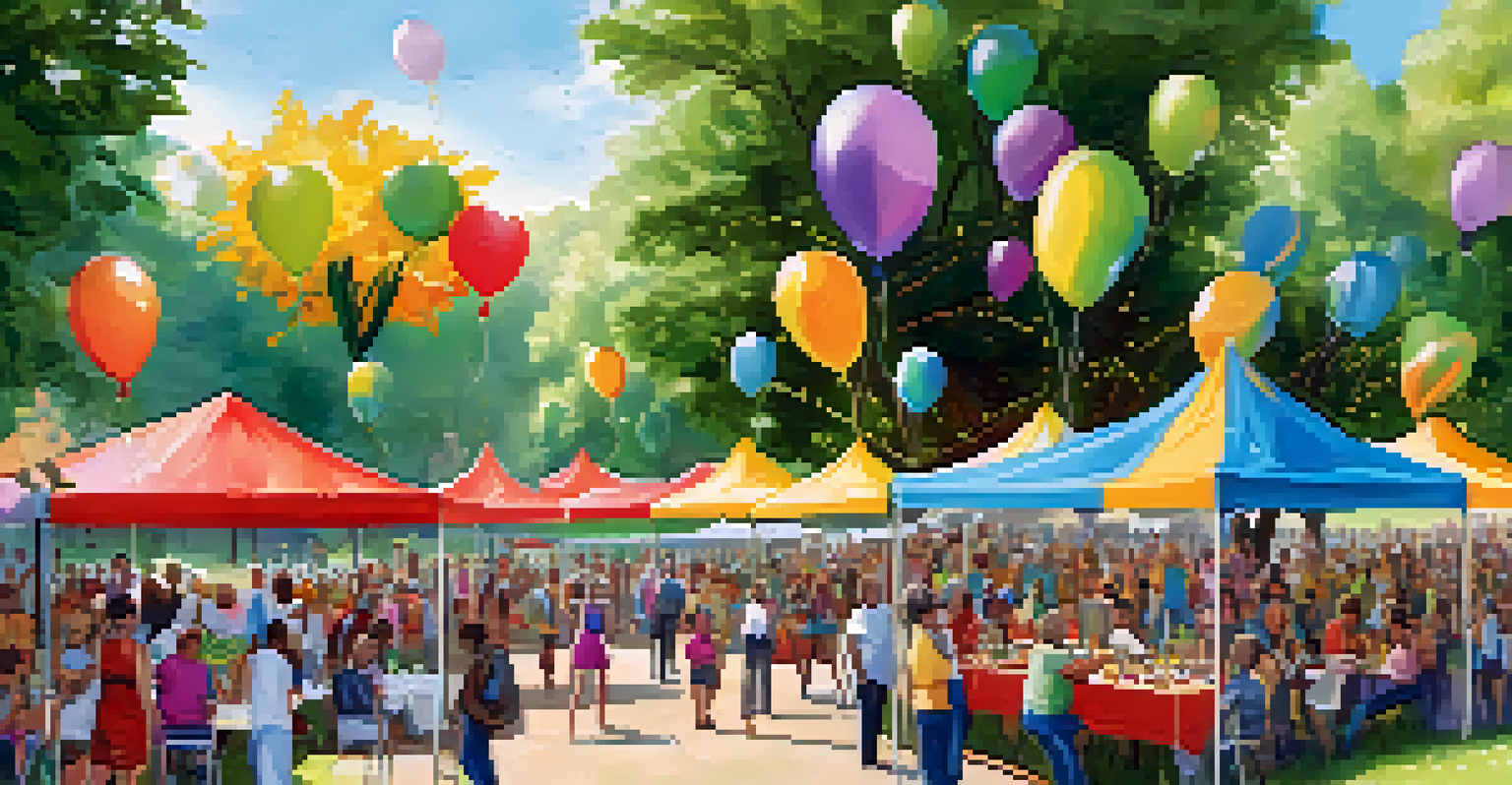 A lively community event in a park celebrating health achievements with booths, speakers, and people enjoying healthy food.