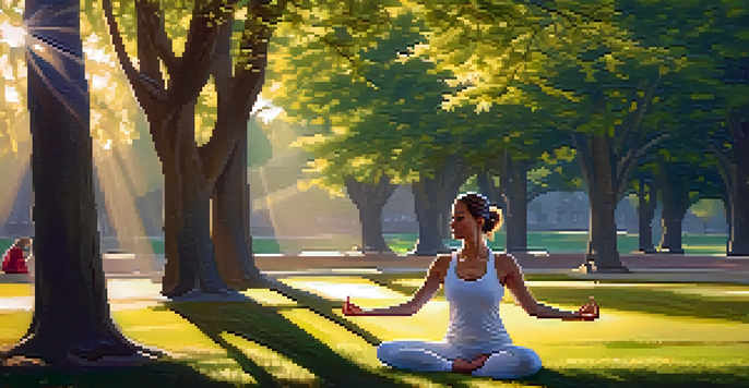 A woman practicing yoga in a sunny park, surrounded by flowers and trees, with warm sunlight filtering through the leaves.
