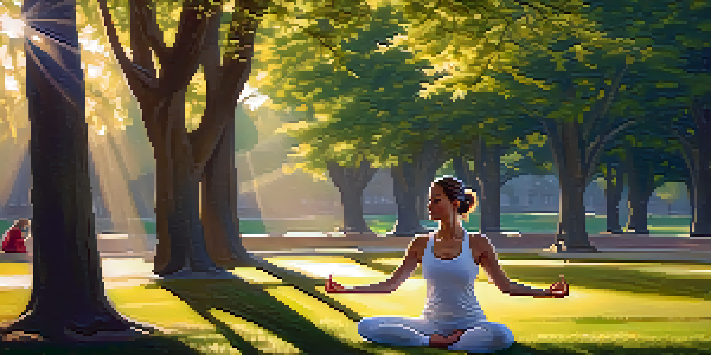 A woman practicing yoga in a sunny park, surrounded by flowers and trees, with warm sunlight filtering through the leaves.