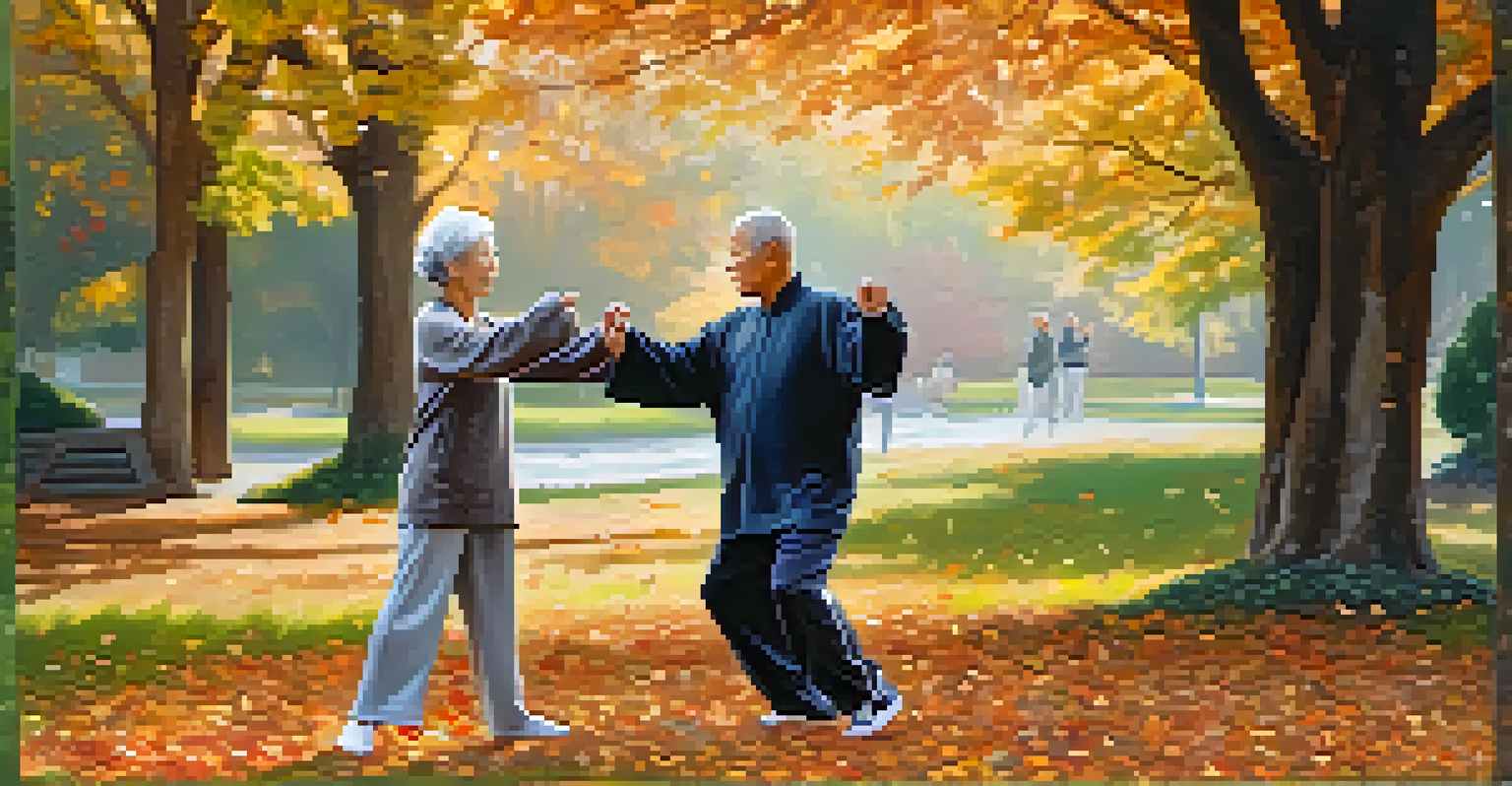 An elderly couple practicing Tai Chi in a peaceful park with autumn leaves falling around them, showing focus and tranquility.