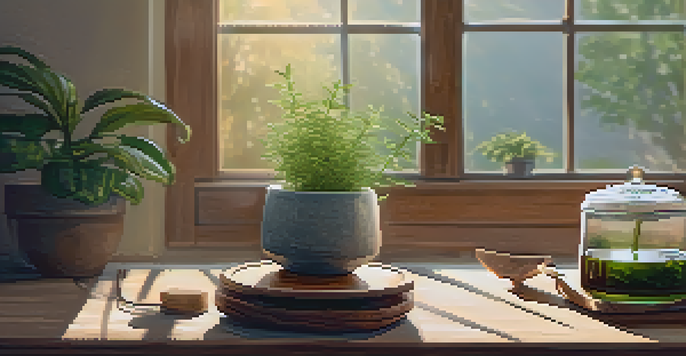 A cozy living room with a wooden diffuser releasing colorful mist, a small indoor plant, and a steaming cup of herbal tea on a wooden table, creating a serene atmosphere.