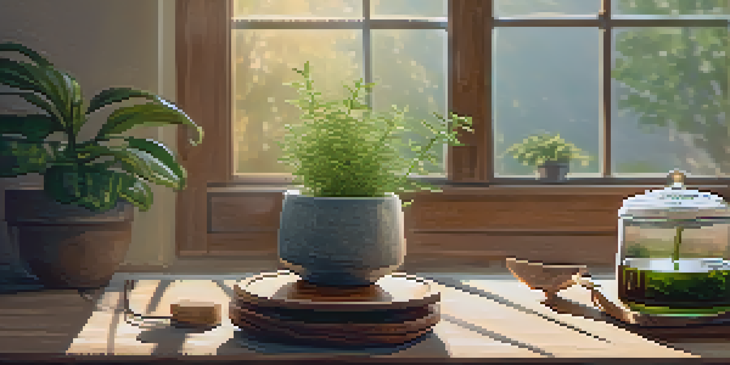 A cozy living room with a wooden diffuser releasing colorful mist, a small indoor plant, and a steaming cup of herbal tea on a wooden table, creating a serene atmosphere.