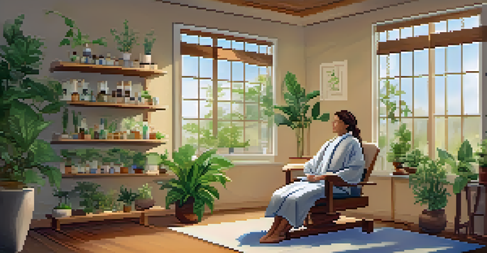 A peaceful naturopathic clinic with natural light, plants, and a patient meditating with a practitioner.