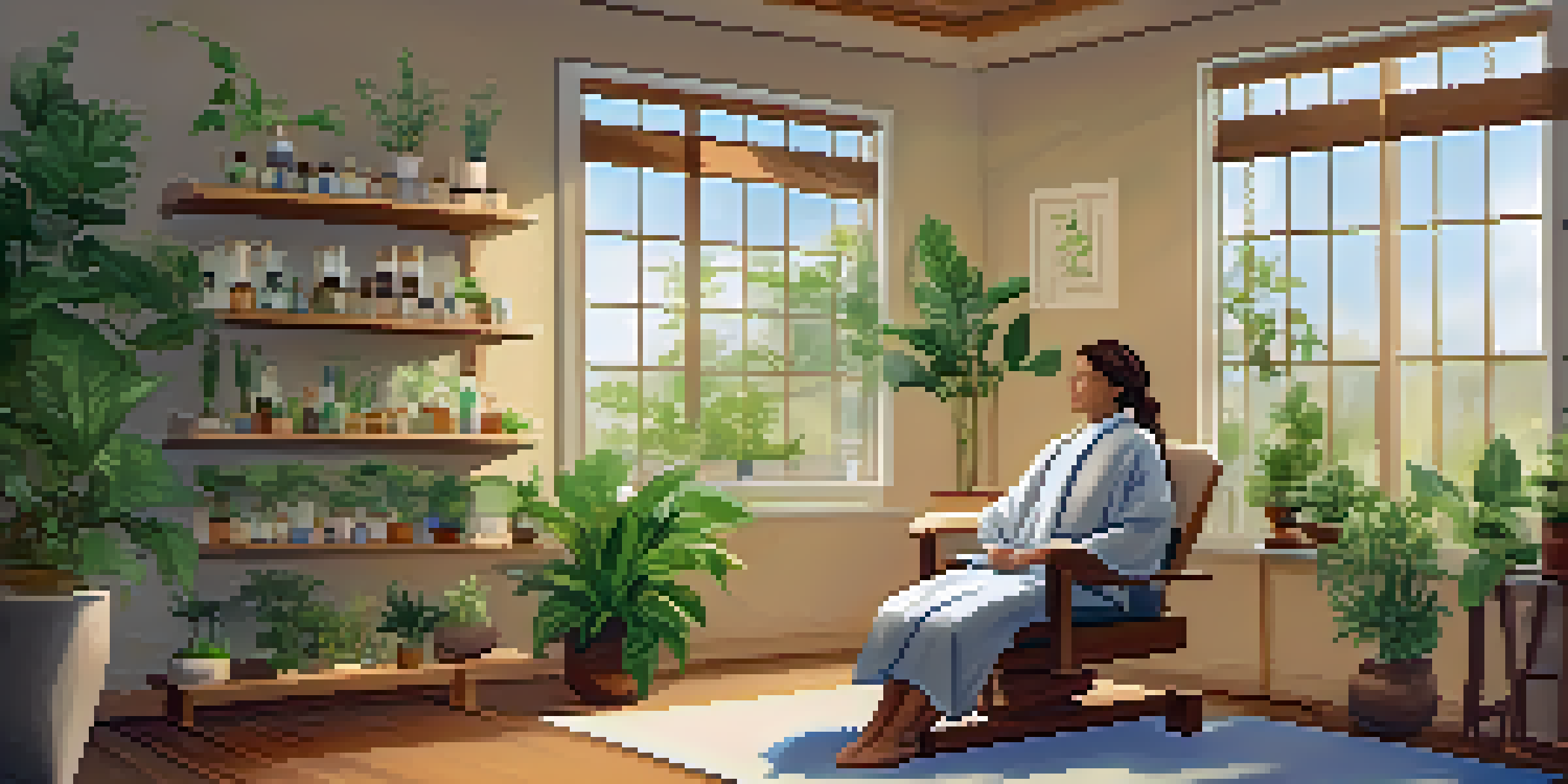A peaceful naturopathic clinic with natural light, plants, and a patient meditating with a practitioner.