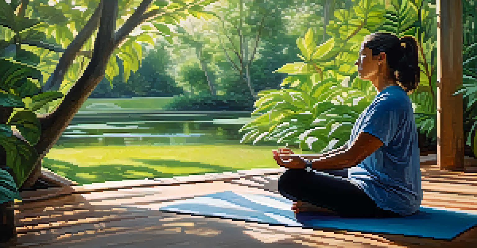 A person meditating on a yoga mat amidst lush greenery, with sunlight filtering through the leaves, conveying serenity and mindfulness.