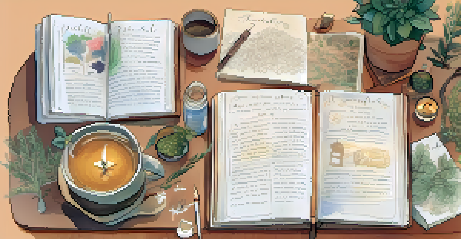 An overhead view of a healing journal with colorful entries, herbal supplements, and a cup of tea on a table.