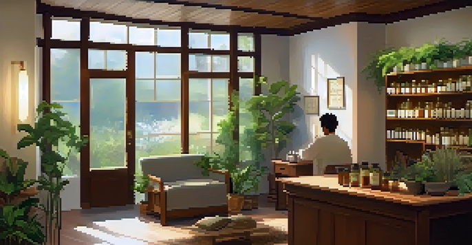 Interior of a naturopathic clinic with natural decor, a practitioner discussing with a patient in a warm and inviting setting.