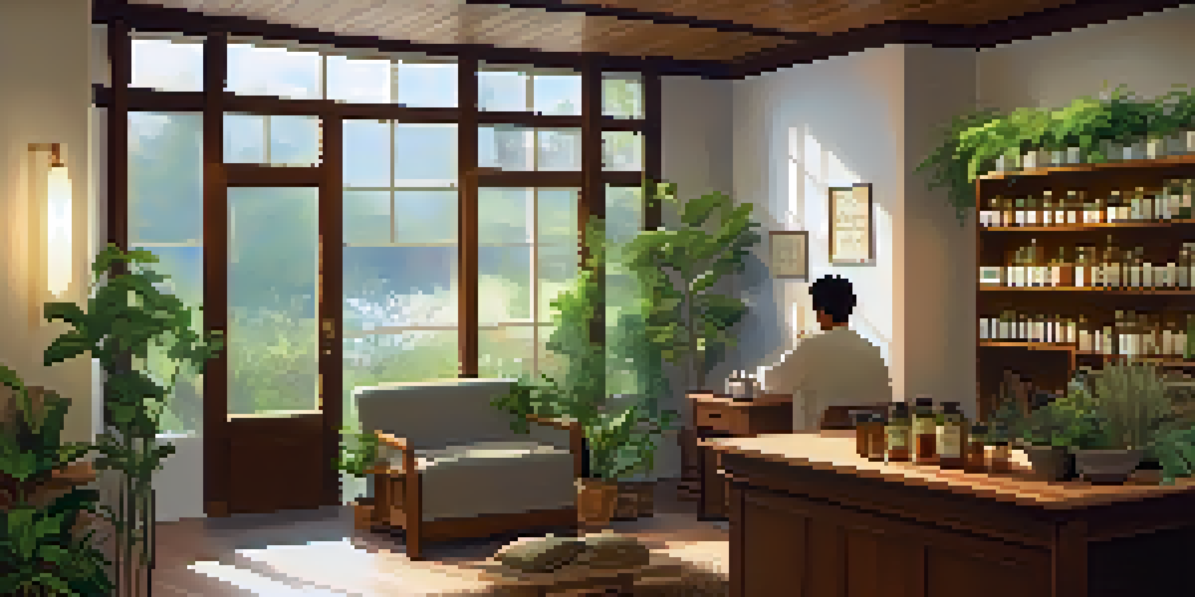 Interior of a naturopathic clinic with natural decor, a practitioner discussing with a patient in a warm and inviting setting.