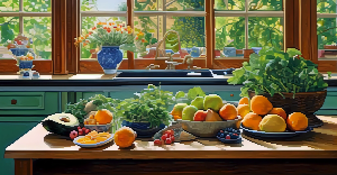 A kitchen table filled with colorful fruits, leafy greens, avocados, and nuts, illuminated by soft natural light.