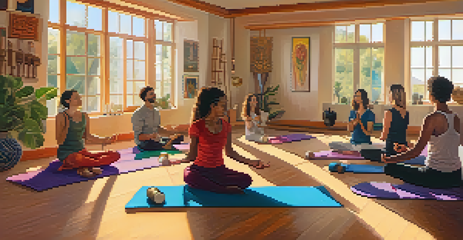 A group participating in a sound therapy session with various instruments in a bright room.