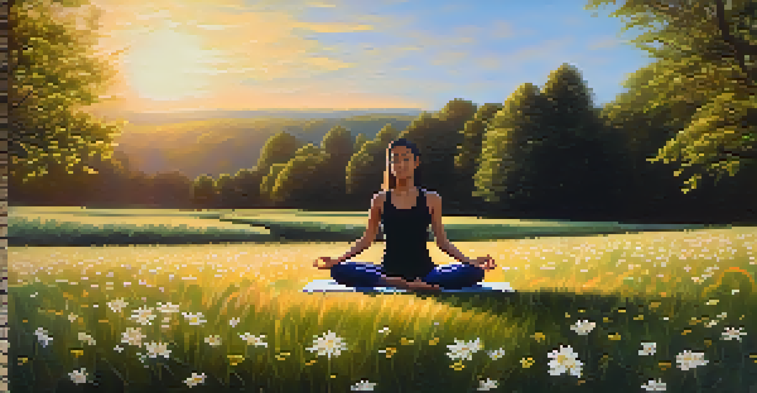 A person practicing yoga in a serene outdoor setting, with flowers and trees around them during sunset.