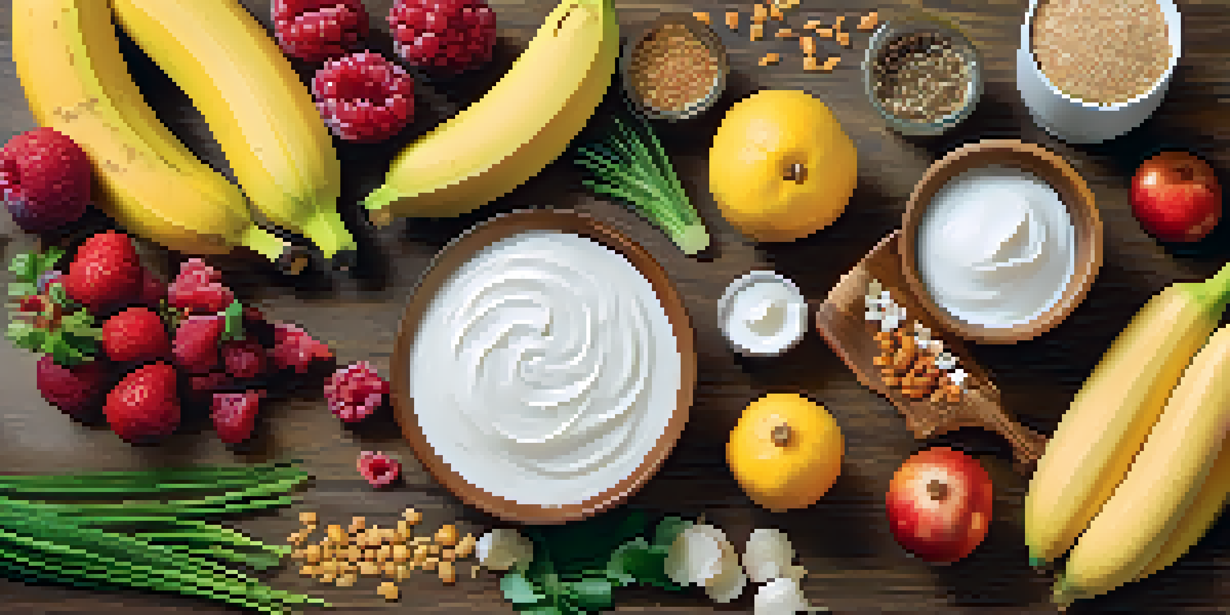 A spread of gut-healthy foods including fruits, vegetables, whole grains, and yogurt on a wooden table.
