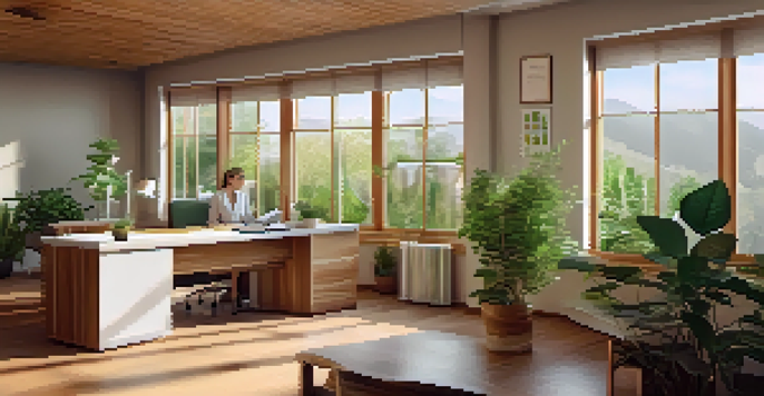 A calming naturopathic clinic with wooden furniture, soft lighting, and plants. A practitioner is talking to a client, using visual aids.