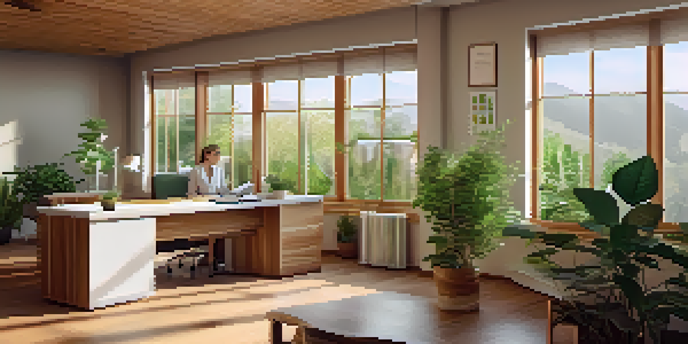 A calming naturopathic clinic with wooden furniture, soft lighting, and plants. A practitioner is talking to a client, using visual aids.