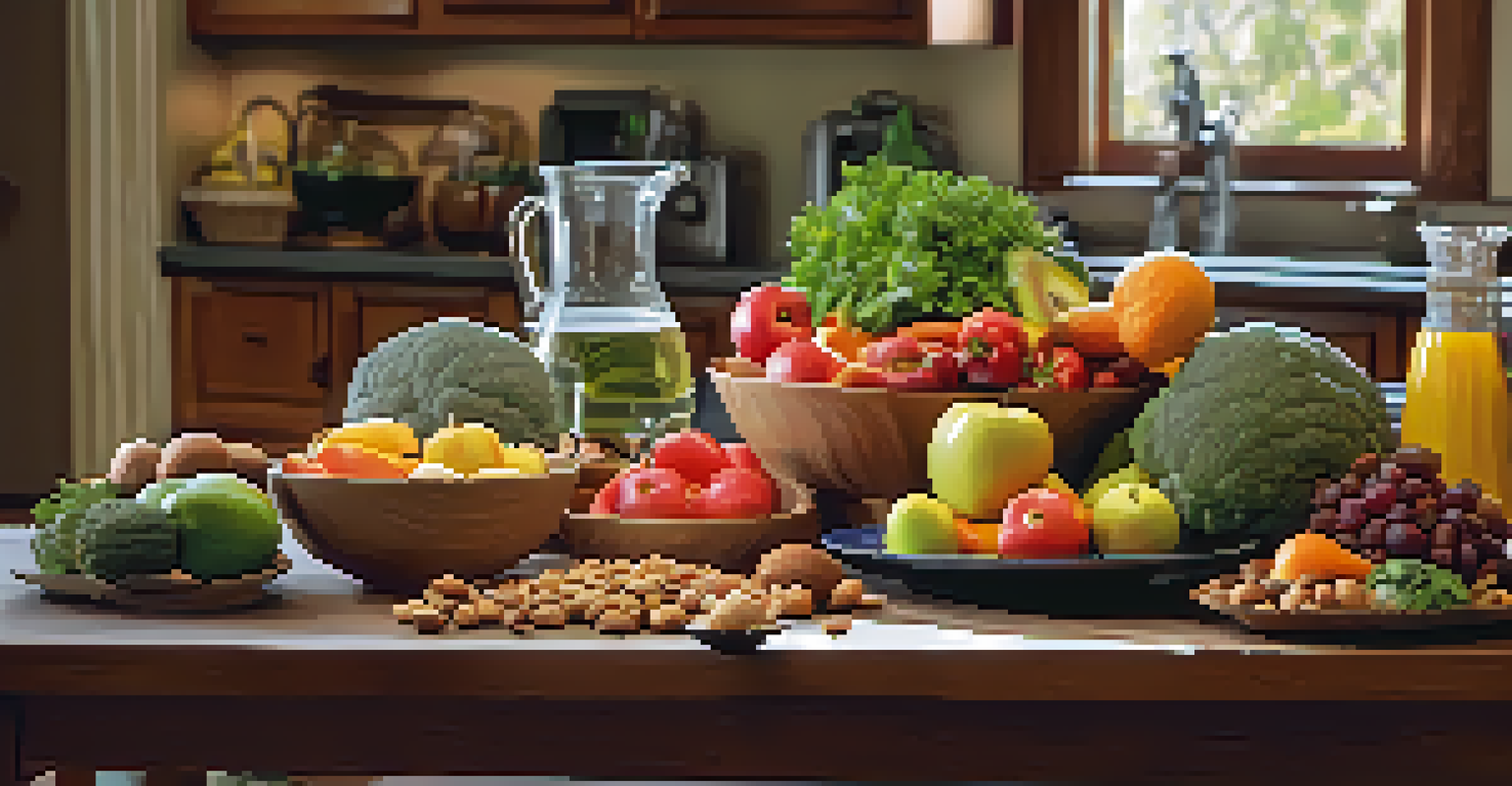 A colorful assortment of fresh fruits, vegetables, and nuts arranged on a kitchen table, with a glass of water beside them.
