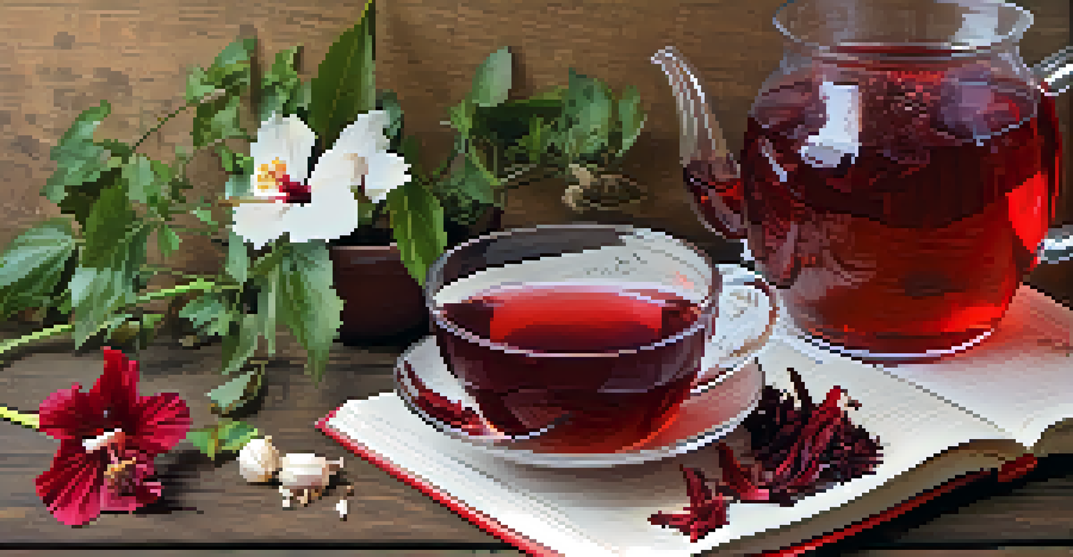 A cup of hibiscus tea with dried flowers and garlic on a wooden table, accompanied by a notebook.