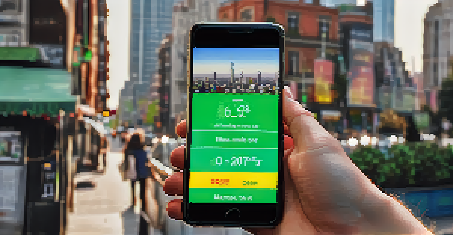 A close-up of a person checking air quality data on their smartphone against a city backdrop.