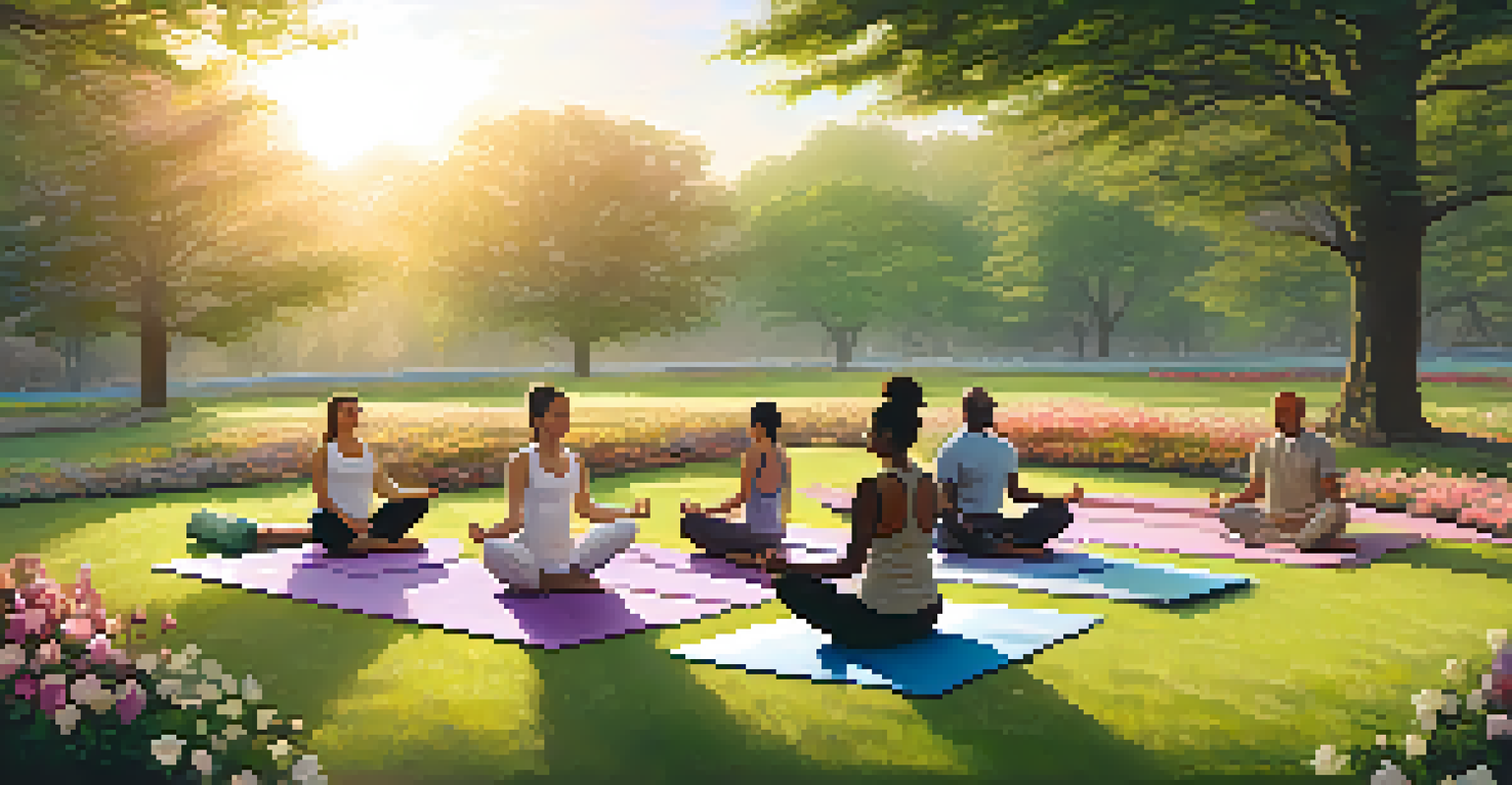 People practicing yoga in a green park at sunrise, surrounded by flowers and trees.