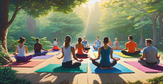 A group of people practicing yoga outdoors at sunrise with colorful mats and green trees in the background.