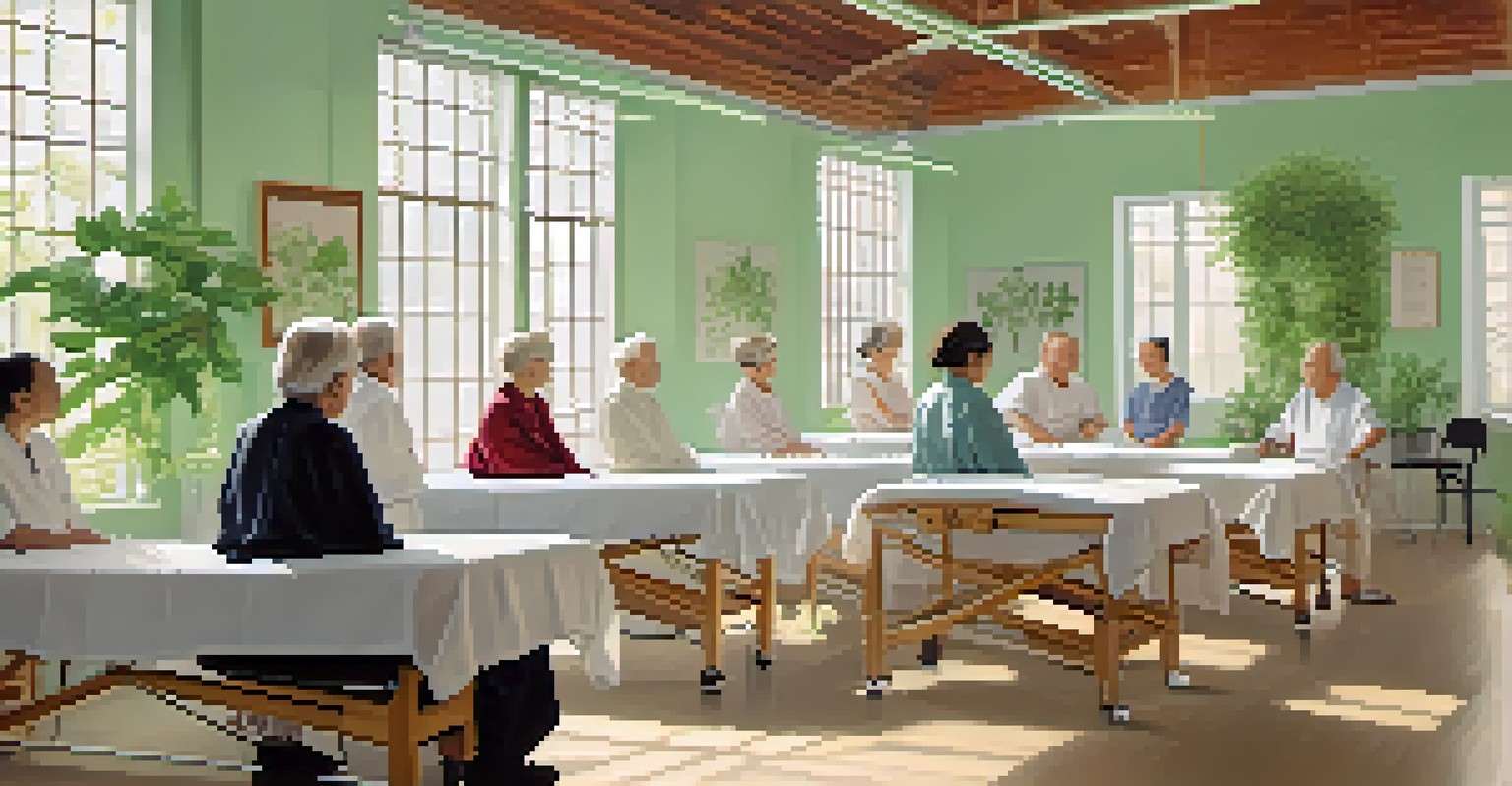 A group of elderly individuals participating in a communal acupuncture session in a bright studio filled with plants and uplifting decor.