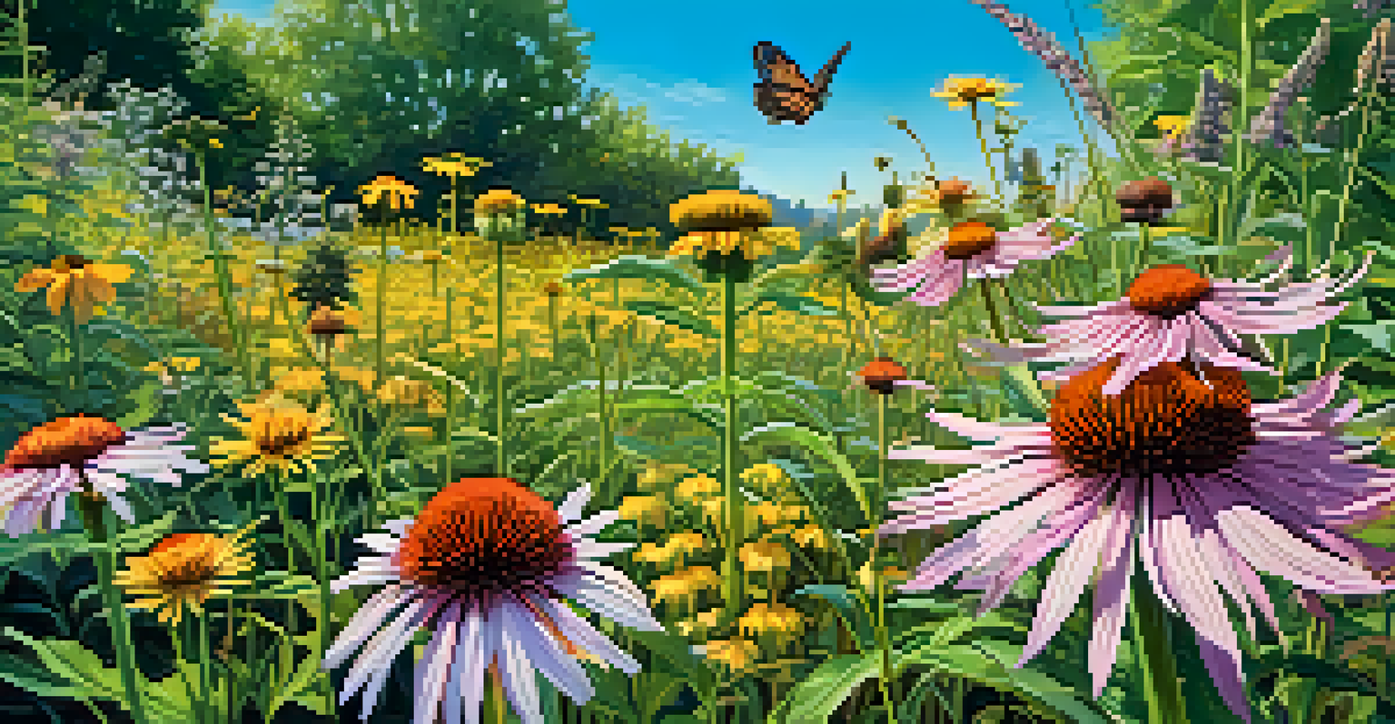 A colorful outdoor herbal garden filled with various medicinal plants and lively pollinators under a sunny sky.
