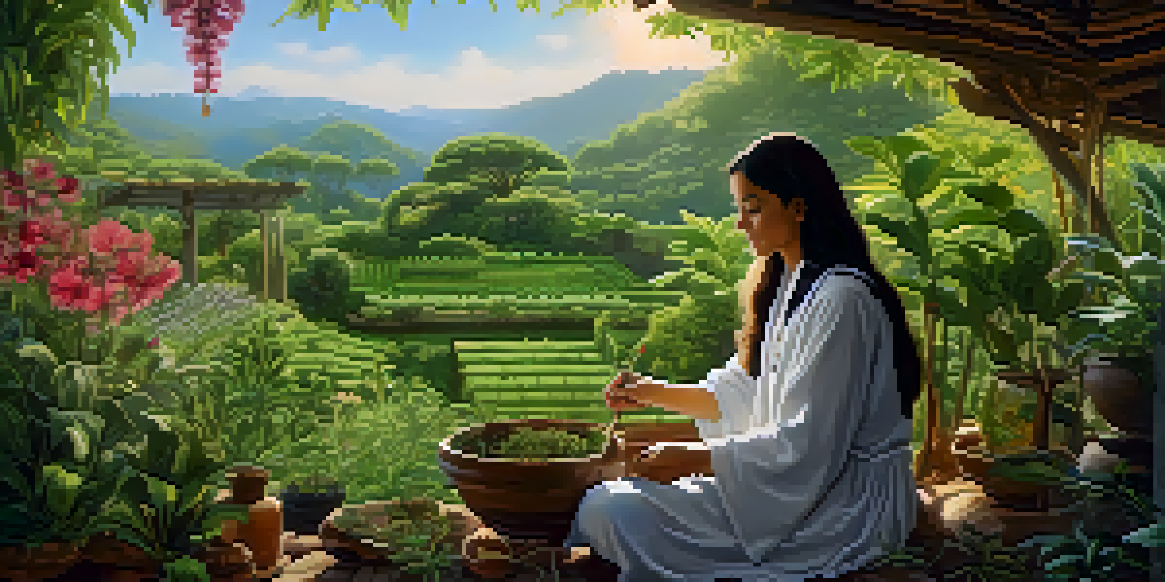 A traditional healer in a garden filled with medicinal plants, preparing herbal remedies.