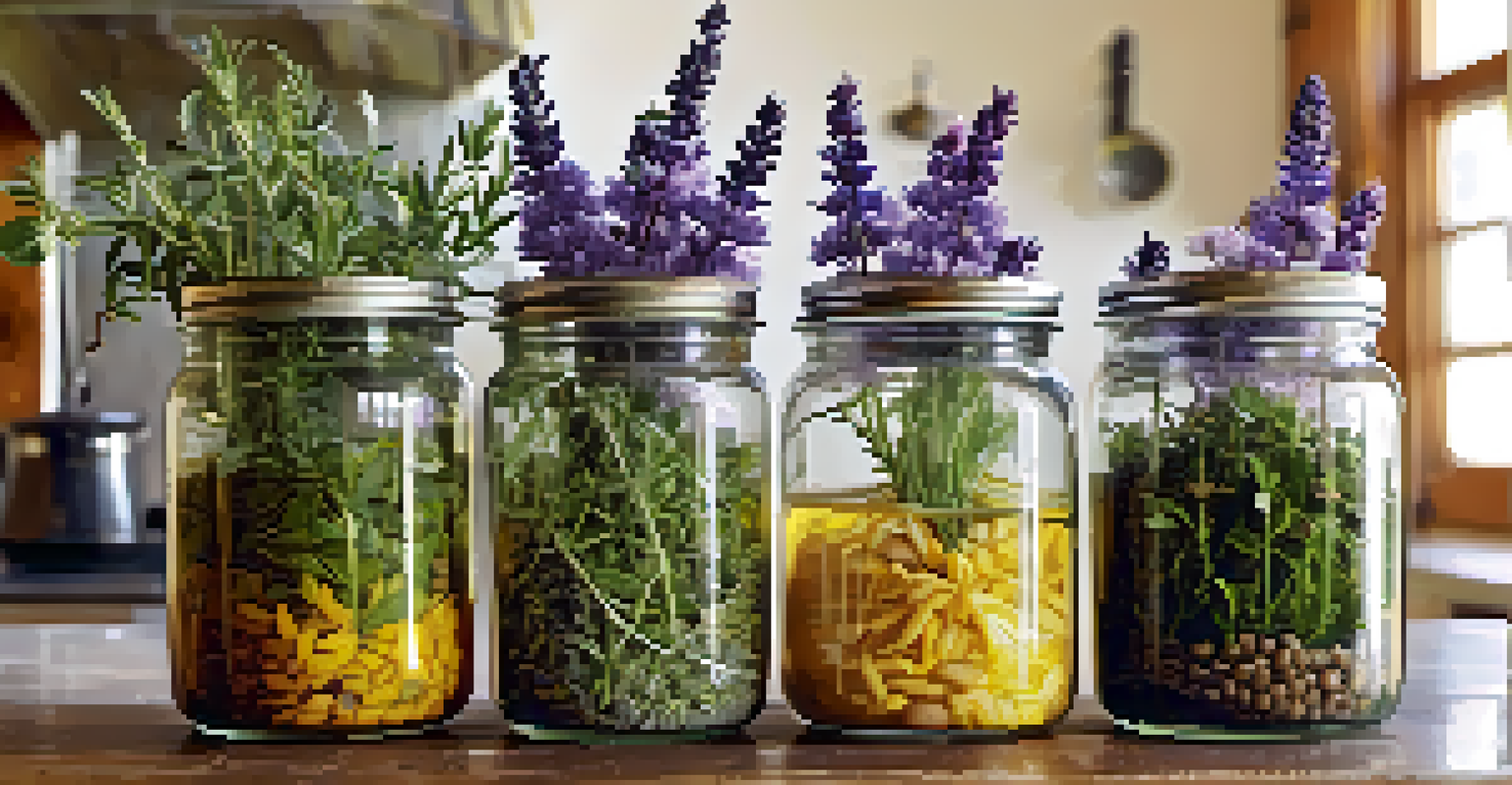 Herbs including lavender, passionflower, and holy basil in glass jars on a kitchen counter.