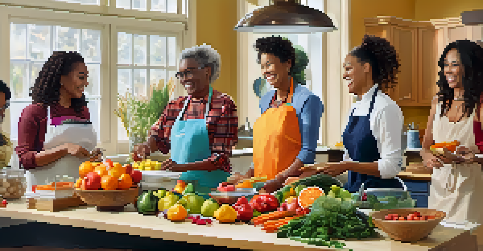 A group of people participating in a healthy cooking demonstration with colorful fruits and vegetables in a bright kitchen.