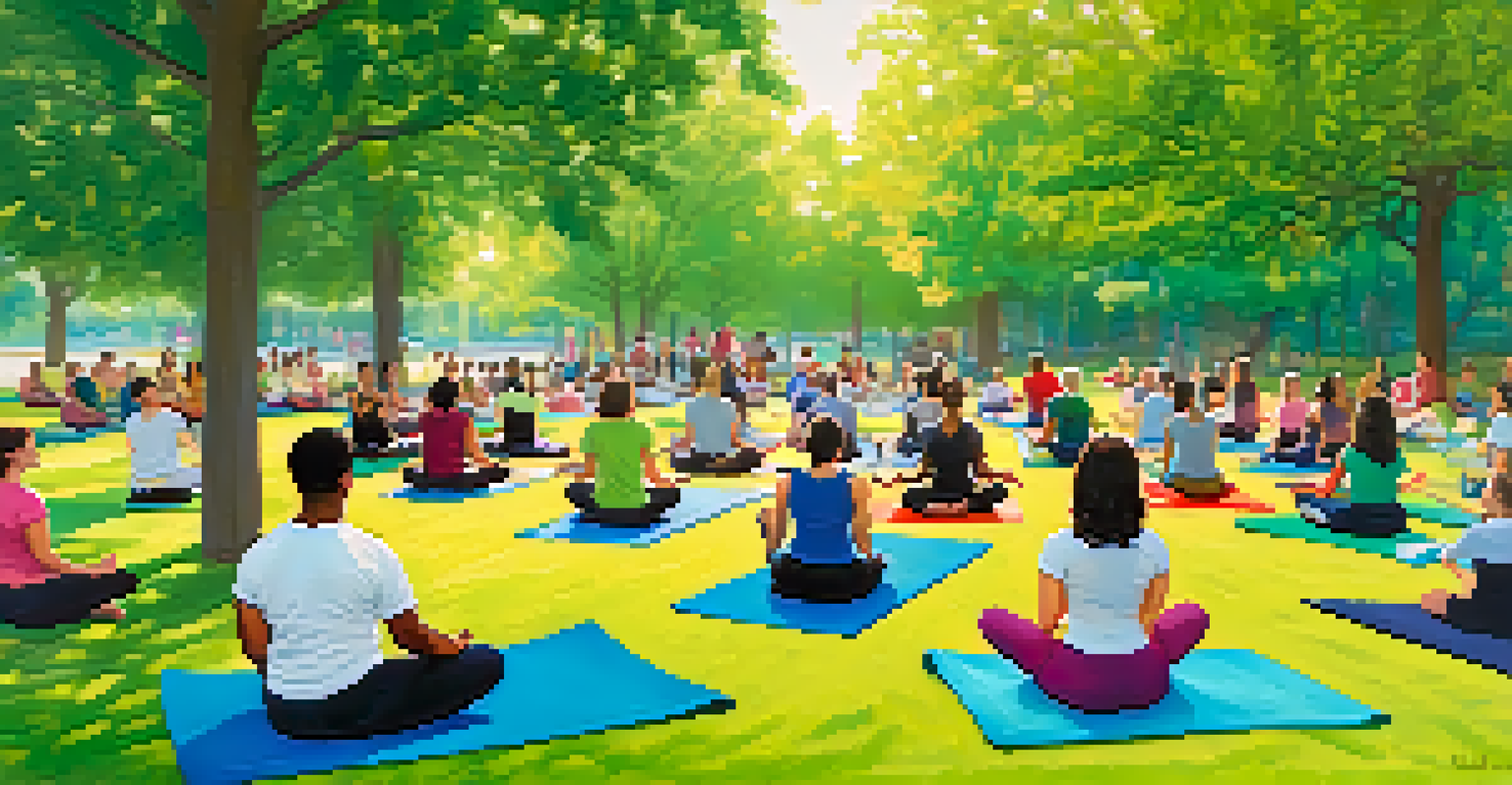 A diverse group of people practicing yoga together in a park, led by an instructor, showcasing a supportive community atmosphere.