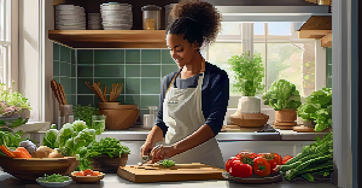 A person cooking a healthy meal in a cozy kitchen, surrounded by fresh vegetables and herbs.