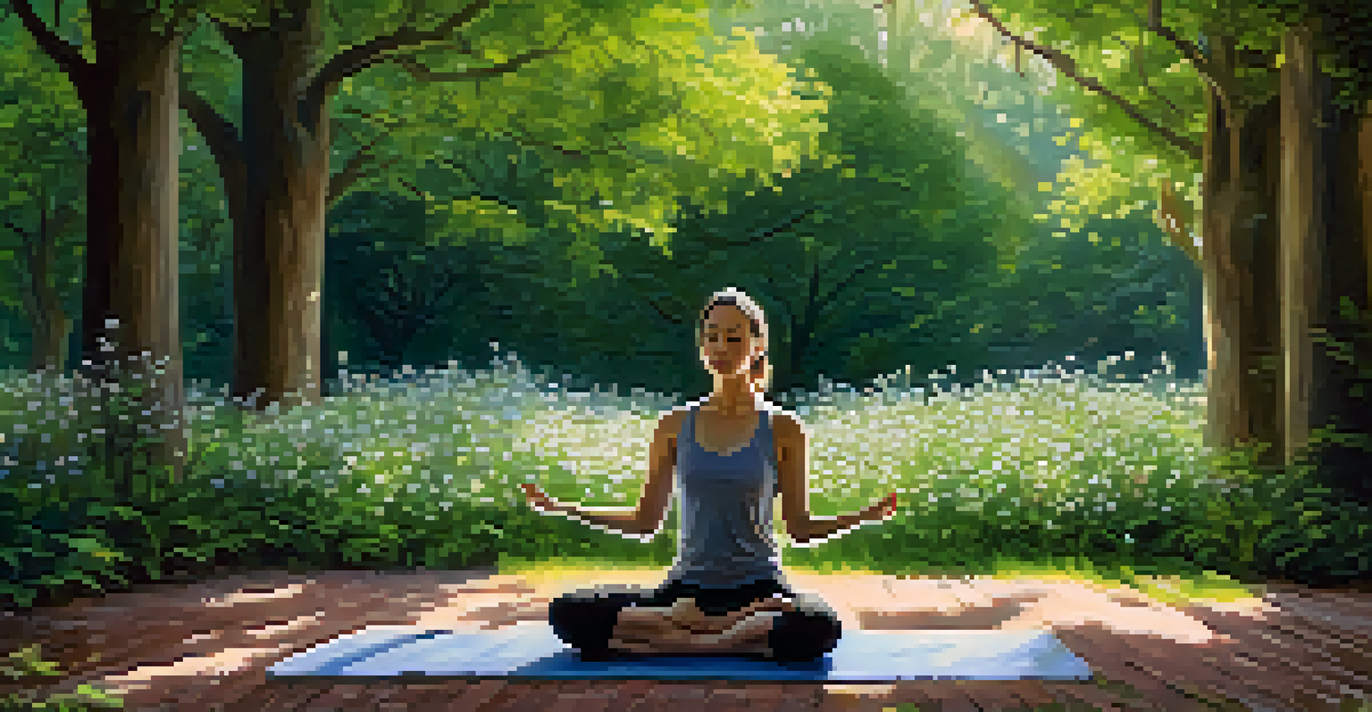 A person practicing yoga in a peaceful park surrounded by greenery and flowers.