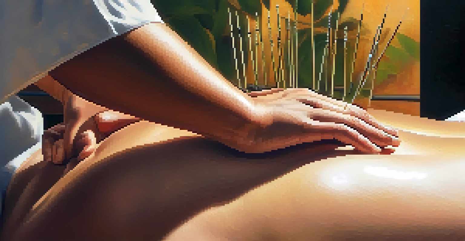 A close-up view of acupuncture needles on a patient's back in a peaceful setting.