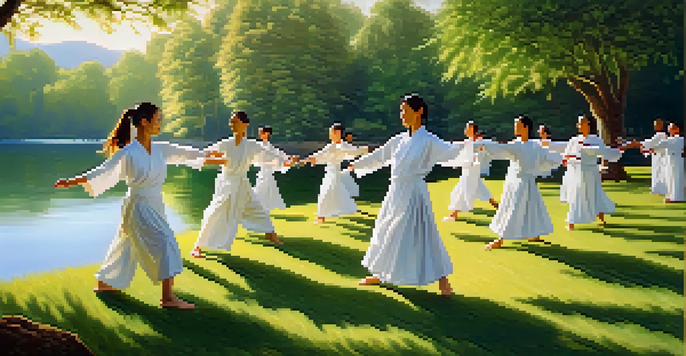 A diverse group of people practicing Tai Chi outdoors in white garments, surrounded by greenery and a calm lake, illuminated by morning sunlight.