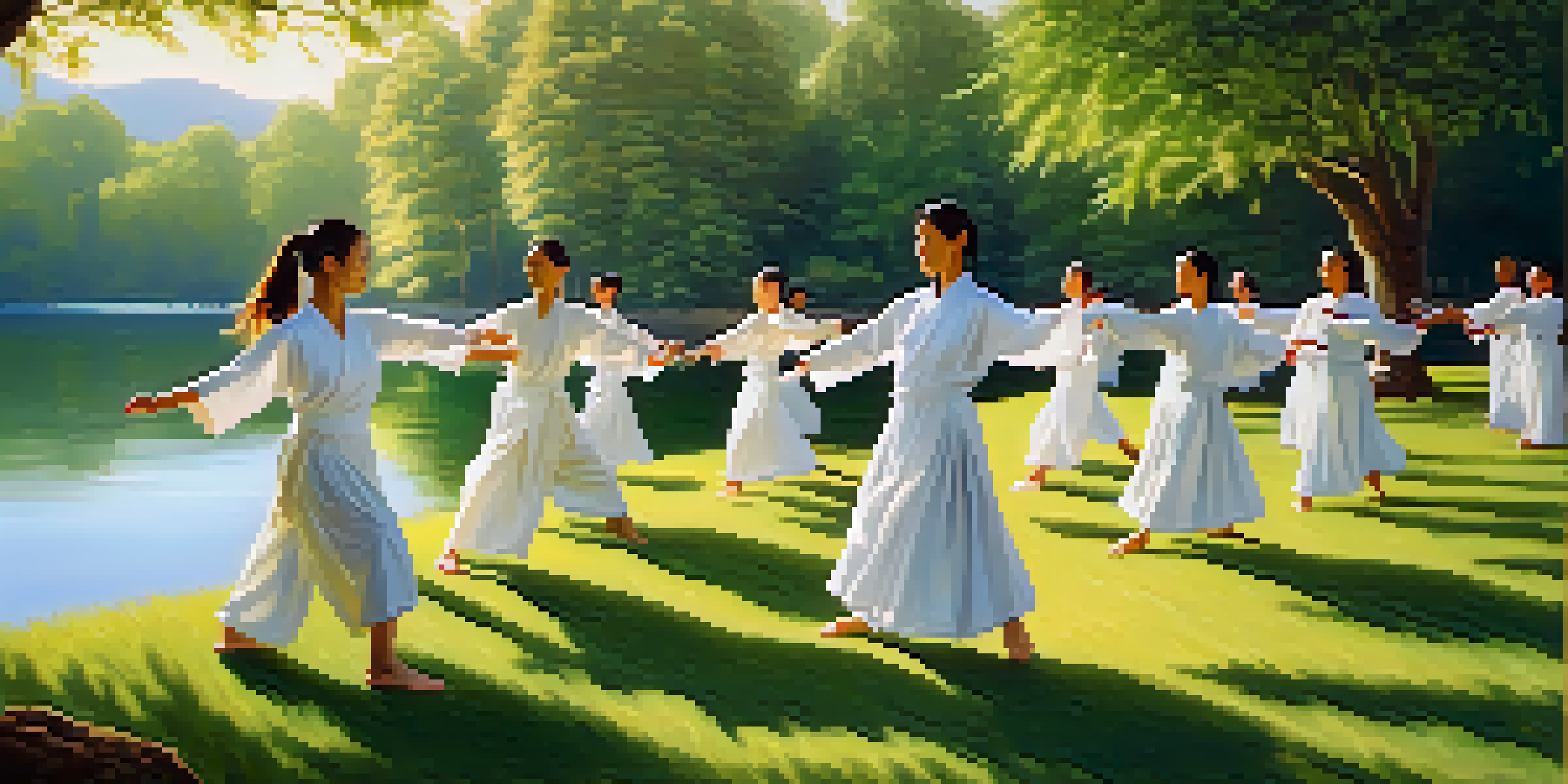 A diverse group of people practicing Tai Chi outdoors in white garments, surrounded by greenery and a calm lake, illuminated by morning sunlight.