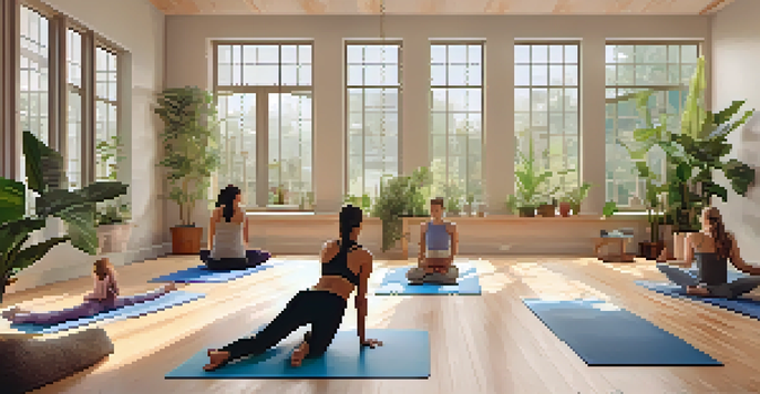 A diverse group of people practicing yoga in a serene studio filled with natural light and plants.