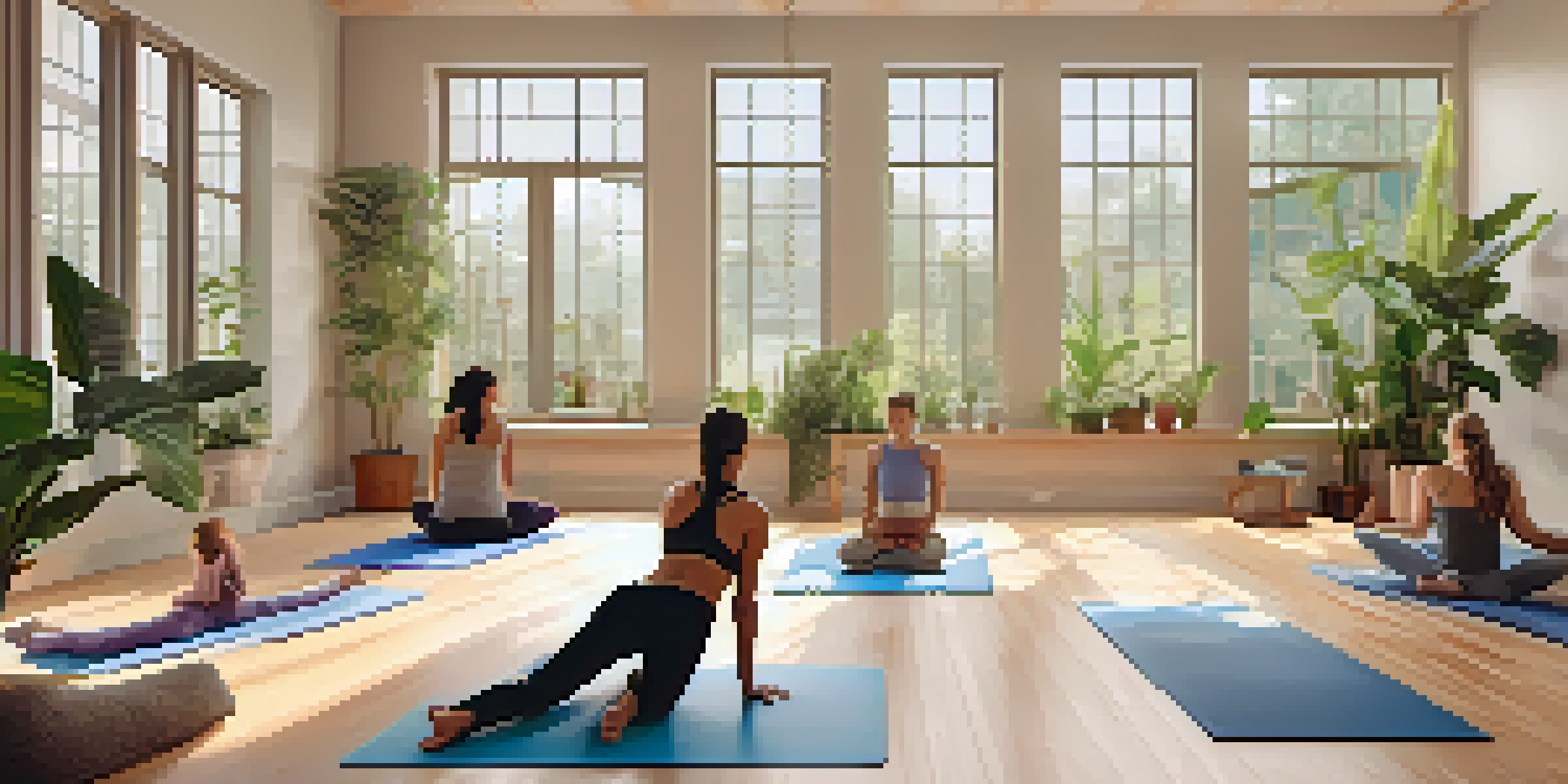 A diverse group of people practicing yoga in a serene studio filled with natural light and plants.