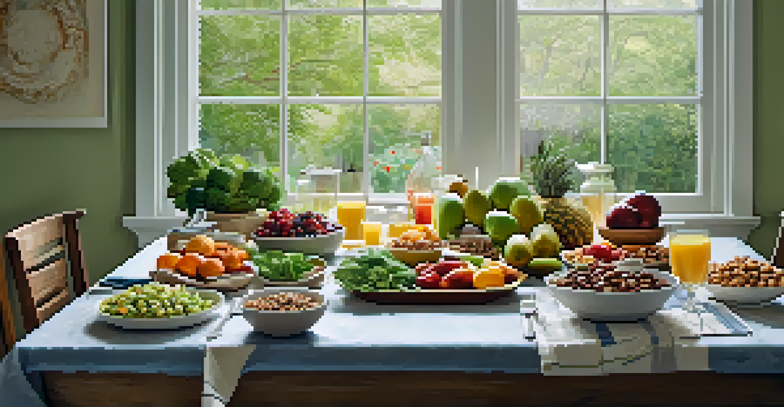 A kitchen table with a colorful spread of fresh fruits, vegetables, and healthy meals.