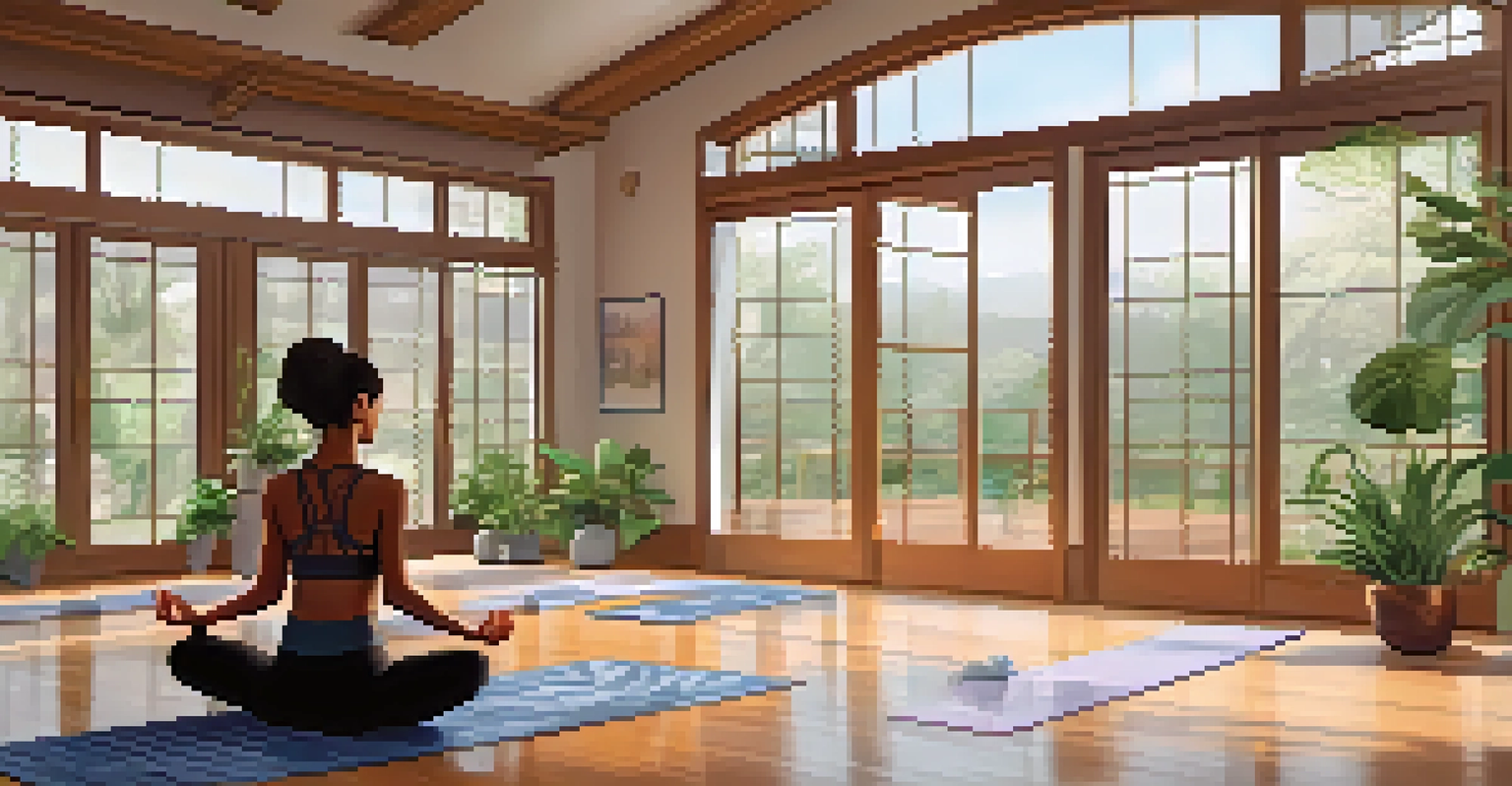 A peaceful yoga studio with a person practicing meditation on a mat, surrounded by plants and natural light.