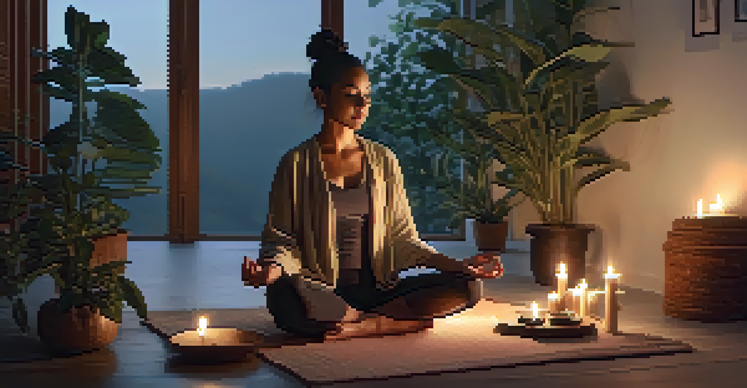 A person meditating in a softly lit room, surrounded by calming plants, promoting a sense of tranquility before sleep.