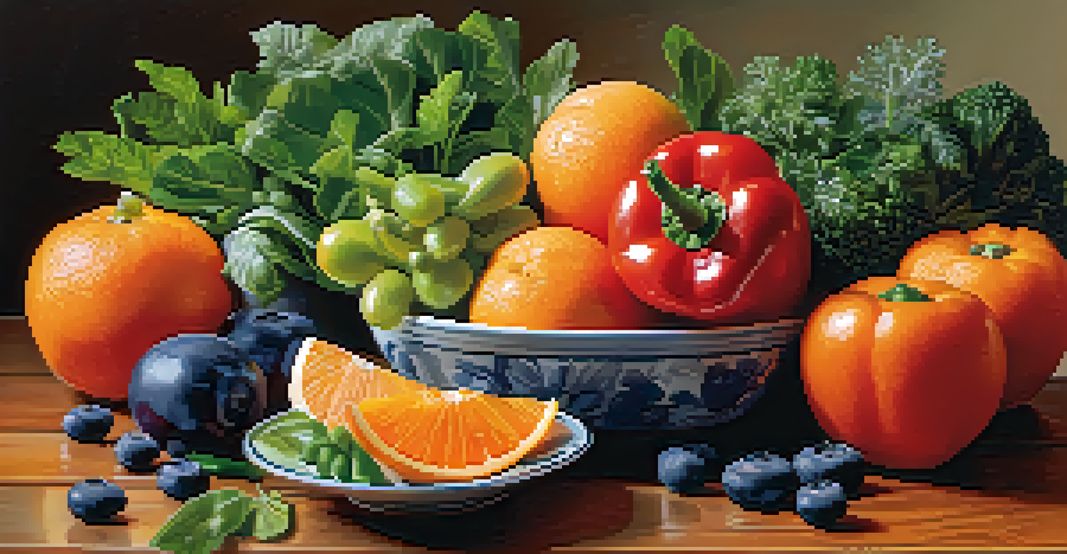 A colorful arrangement of fresh fruits and vegetables on a wooden table, emphasizing nutrition.