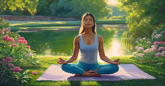 A person practicing yoga in a green park during sunset, surrounded by flowers and a lake, embodying tranquility.