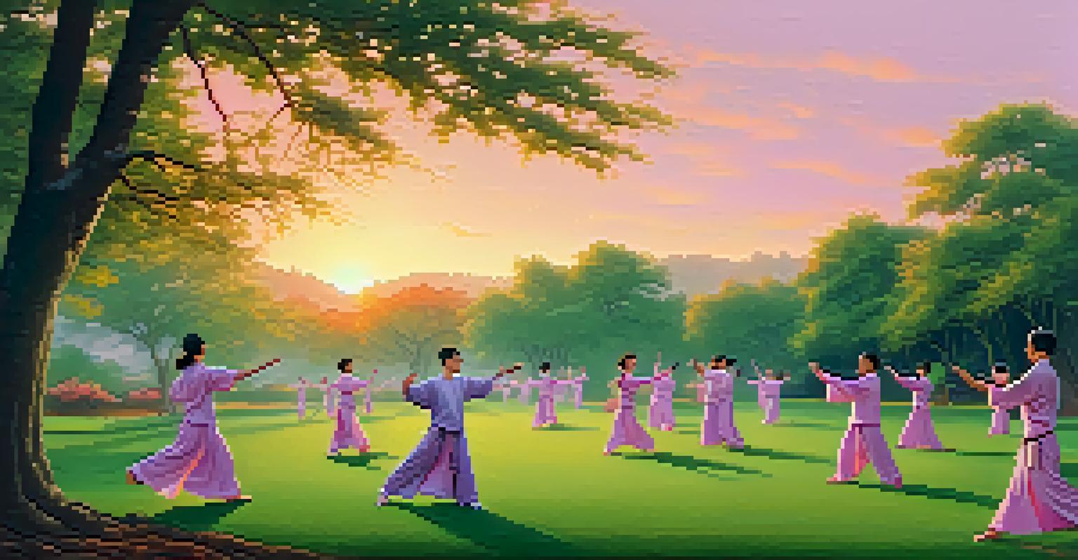 A group of people practicing Tai Chi in a green park at sunrise, surrounded by nature.
