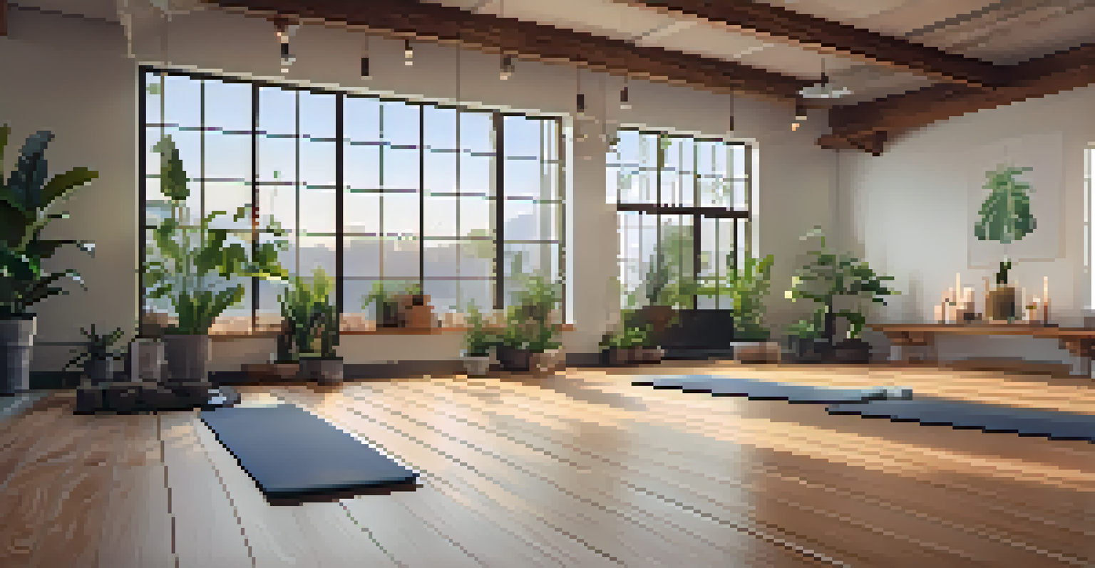 A peaceful yoga studio with individuals practicing yoga, surrounded by candles and plants for a serene atmosphere.
