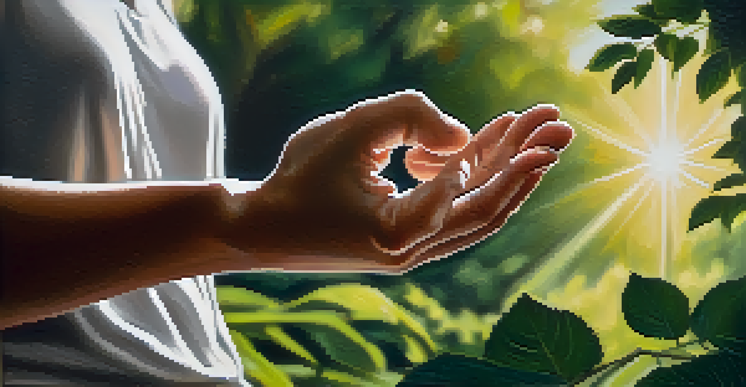 Close-up of hands in a meditative gesture with a nature background blurred in soft light.