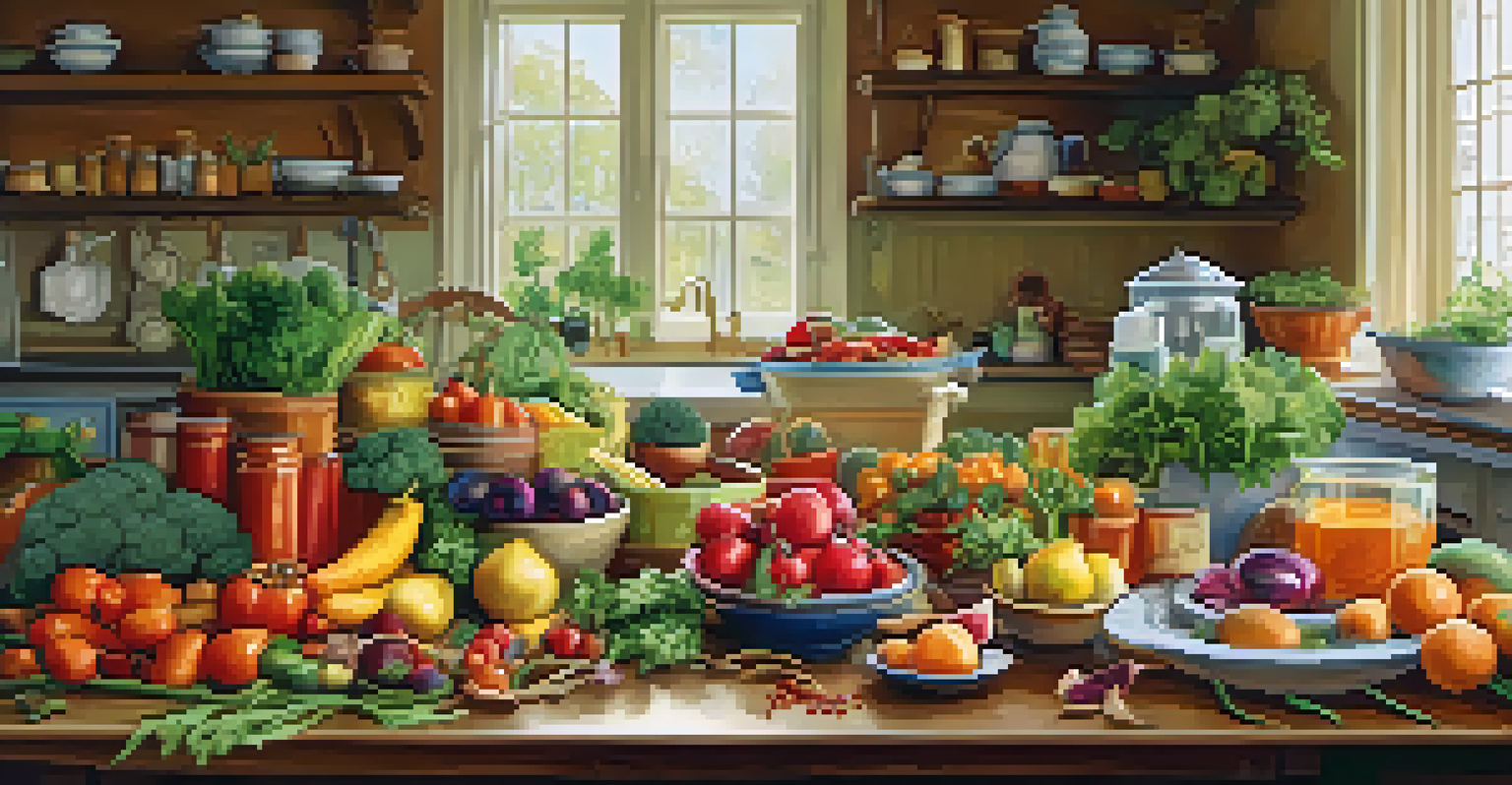 A cozy kitchen with a colorful display of fresh vegetables, fruits, and herbal supplements on a wooden table.