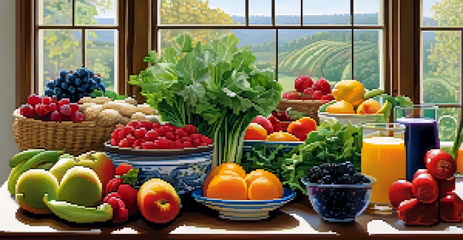 A table filled with colorful fruits and vegetables representing a balanced naturopathic diet, illuminated by natural light.