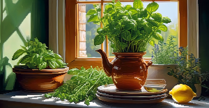 A bright kitchen with fresh herbs growing in pots on a wooden table, a steaming cup of herbal tea with honey and lemon beside it.